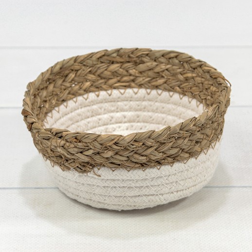 Корзина плетёная Круглая 15*7 (±5%) из камыша и хлопка (77) Натуральный/Белый 1/120 Арт: 420167/77