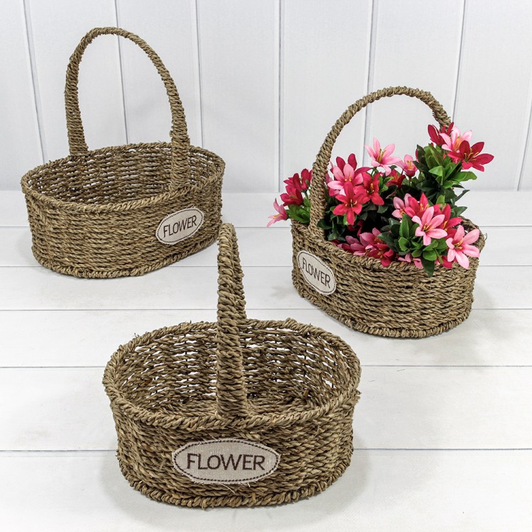 Корзины плетёные Овальные Набор 1/3 32*25*30 (±5%) из водорослей с ручкой Натуральный 1/12 Арт: 420154/3