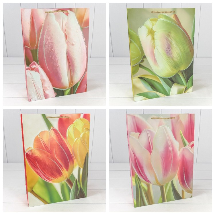 Пакет подарочный с блёстками "Тюльпаны" (микс 256) 30*41,5*12 210г 1/20 1/80 Арт: 000256A